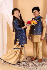 Boys Gold & Blue Silk Blend Jacket, Kurta And Pajama Set & Girls Jacquard Kurta With Sharara Set