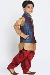 Boys Gold, Blue And Maroon Silk Blend Jacket, Kurta And Dhoti Set & Girls Jacquard Kurta With Sharara Set