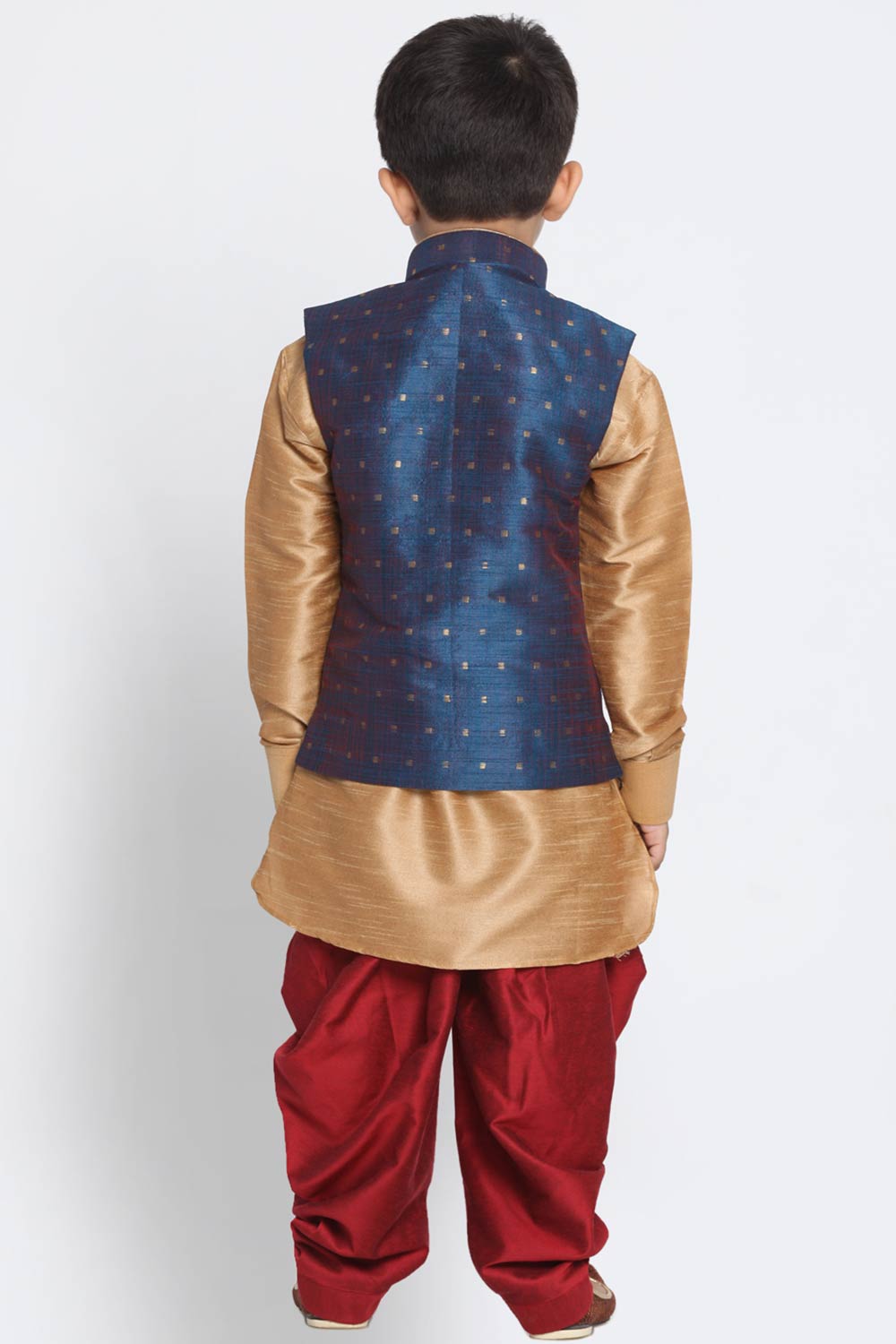 Boys Gold, Blue And Maroon Silk Blend Jacket, Kurta And Dhoti Set & Girls Jacquard Kurta With Sharara Set