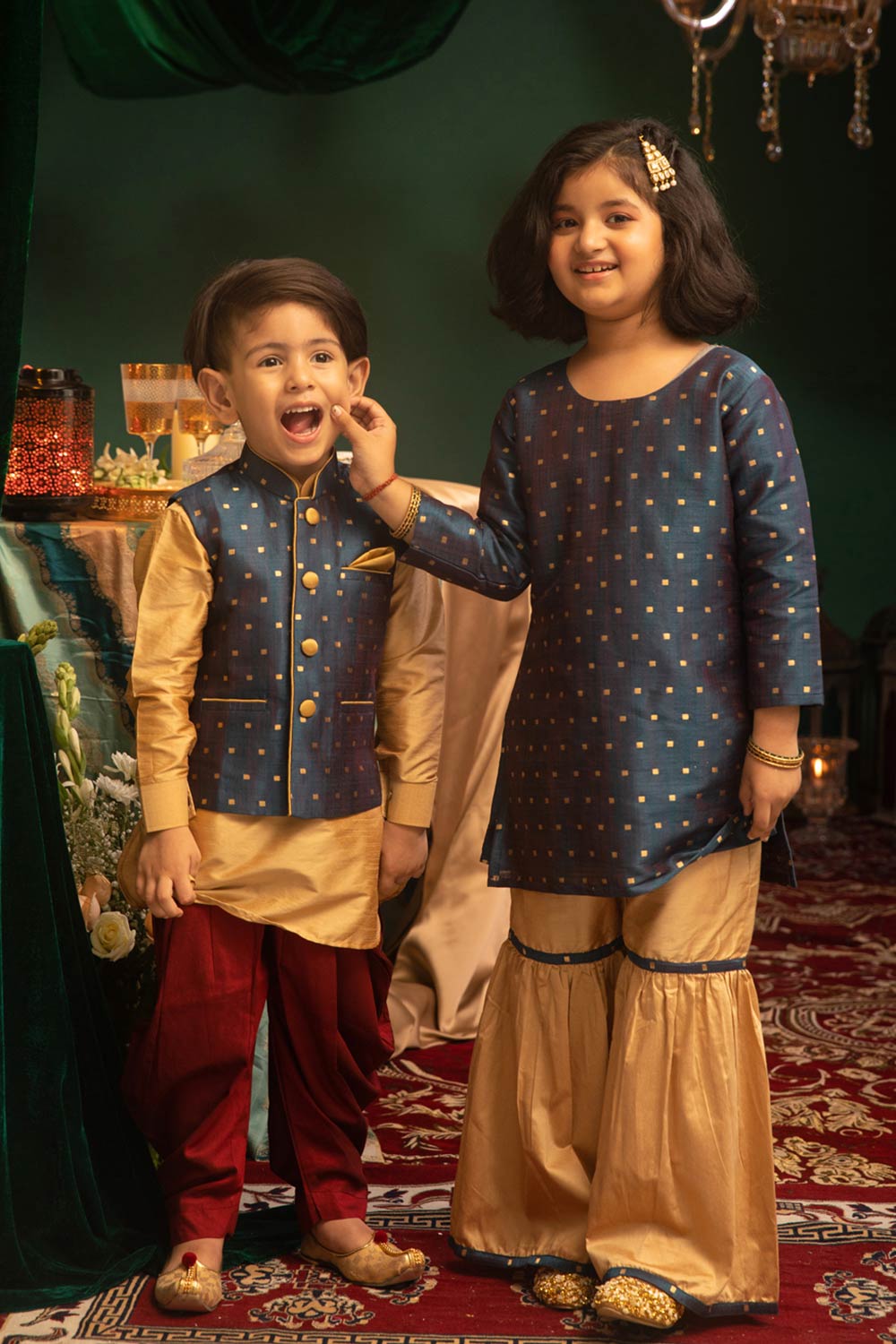 Boys Gold, Blue And Maroon Silk Blend Jacket, Kurta And Dhoti Set & Girls Jacquard Kurta With Sharara Set