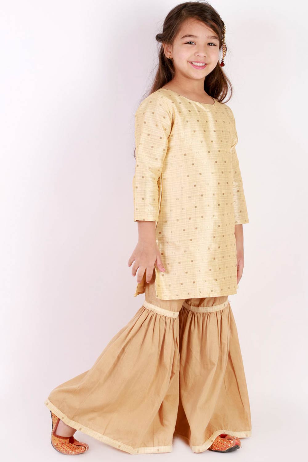 Boys Rose Gold Silk Blend Jacket, Kurta And Pajama Set & Girls Jacquard Kurta With Sharara Set