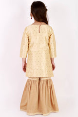 Boys Rose Gold Silk Blend Jacket, Kurta And Pajama Set & Girls Jacquard Kurta With Sharara Set