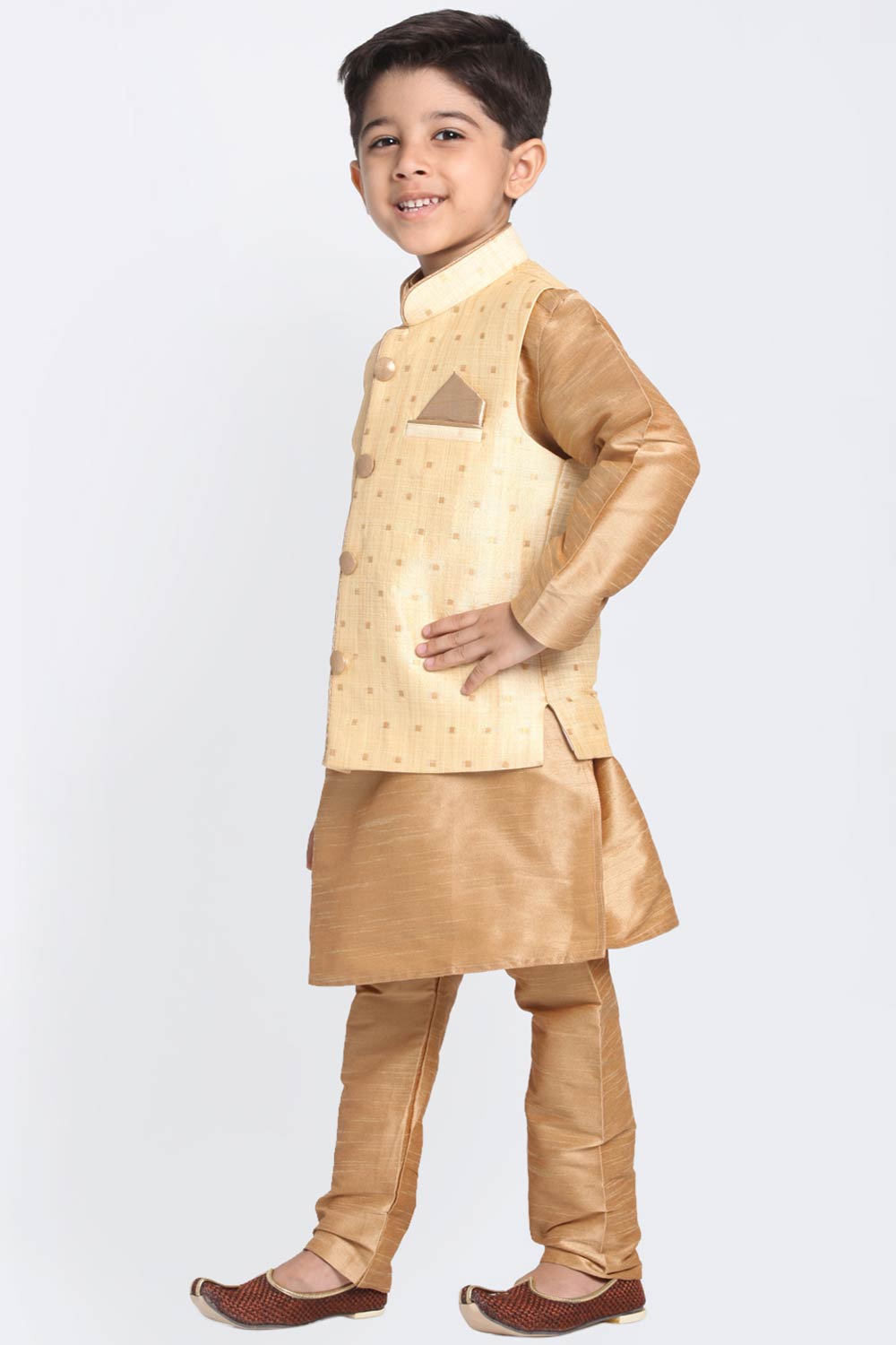 Boys Rose Gold Silk Blend Jacket, Kurta And Pajama Set & Girls Jacquard Kurta With Sharara Set