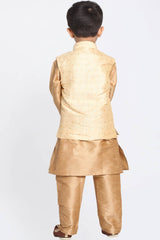 Boys Rose Gold Silk Blend Jacket, Kurta And Pajama Set & Girls Jacquard Kurta With Sharara Set