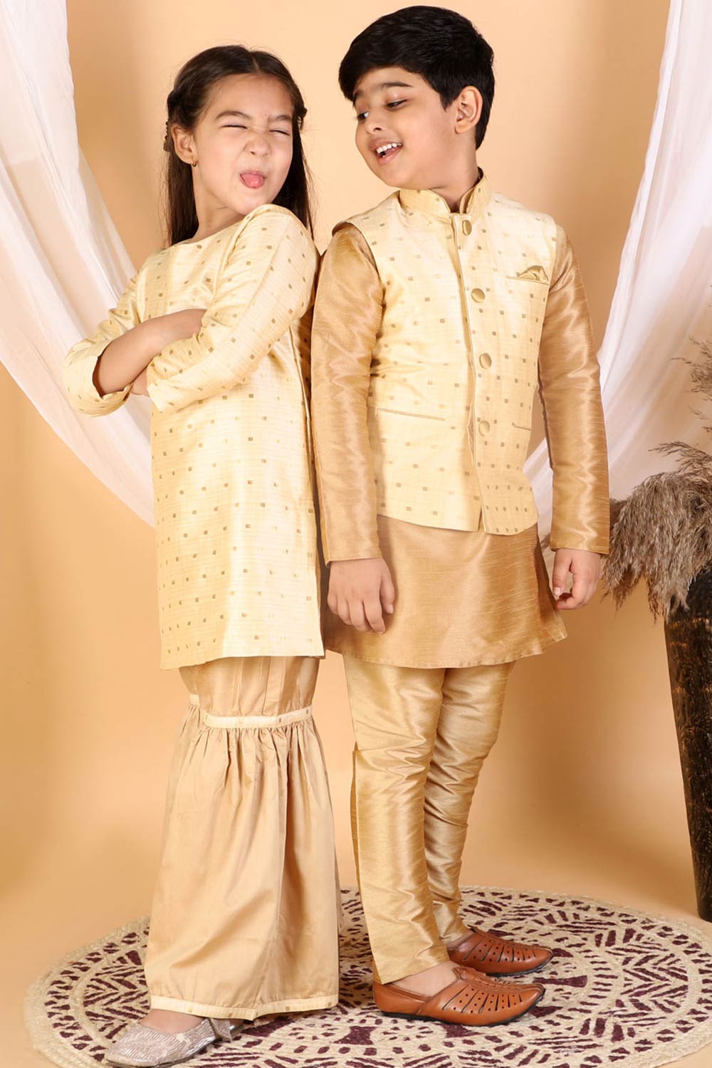 Boys Rose Gold Silk Blend Jacket, Kurta And Pajama Set & Girls Jacquard Kurta With Sharara Set