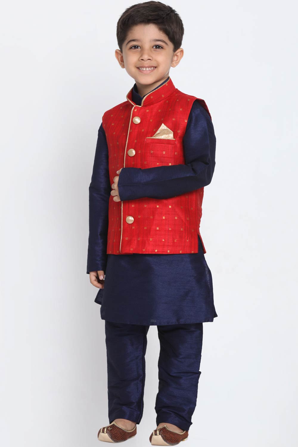 Boys Maroon And Navy Blue Silk Blend Jacket, Kurta And Pyjama Set & Girls Jacquard Kurta With Sharara Set