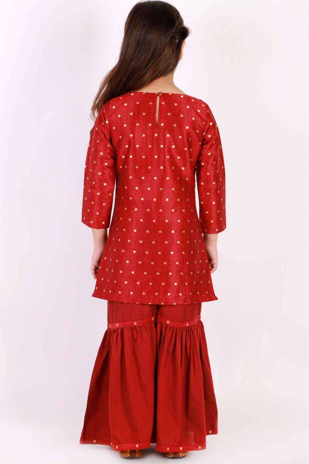 Boys Maroon And Gold Silk Blend Jacket, Kurta And Pajama Set & Girls Jacquard Kurta With Sharara Set