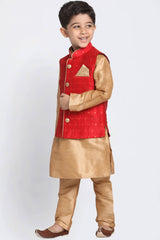 Boys Maroon And Gold Silk Blend Jacket, Kurta And Pajama Set & Girls Jacquard Kurta With Sharara Set