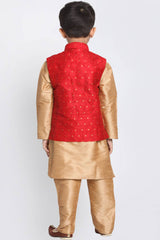 Boys Maroon And Gold Silk Blend Jacket, Kurta And Pajama Set & Girls Jacquard Kurta With Sharara Set