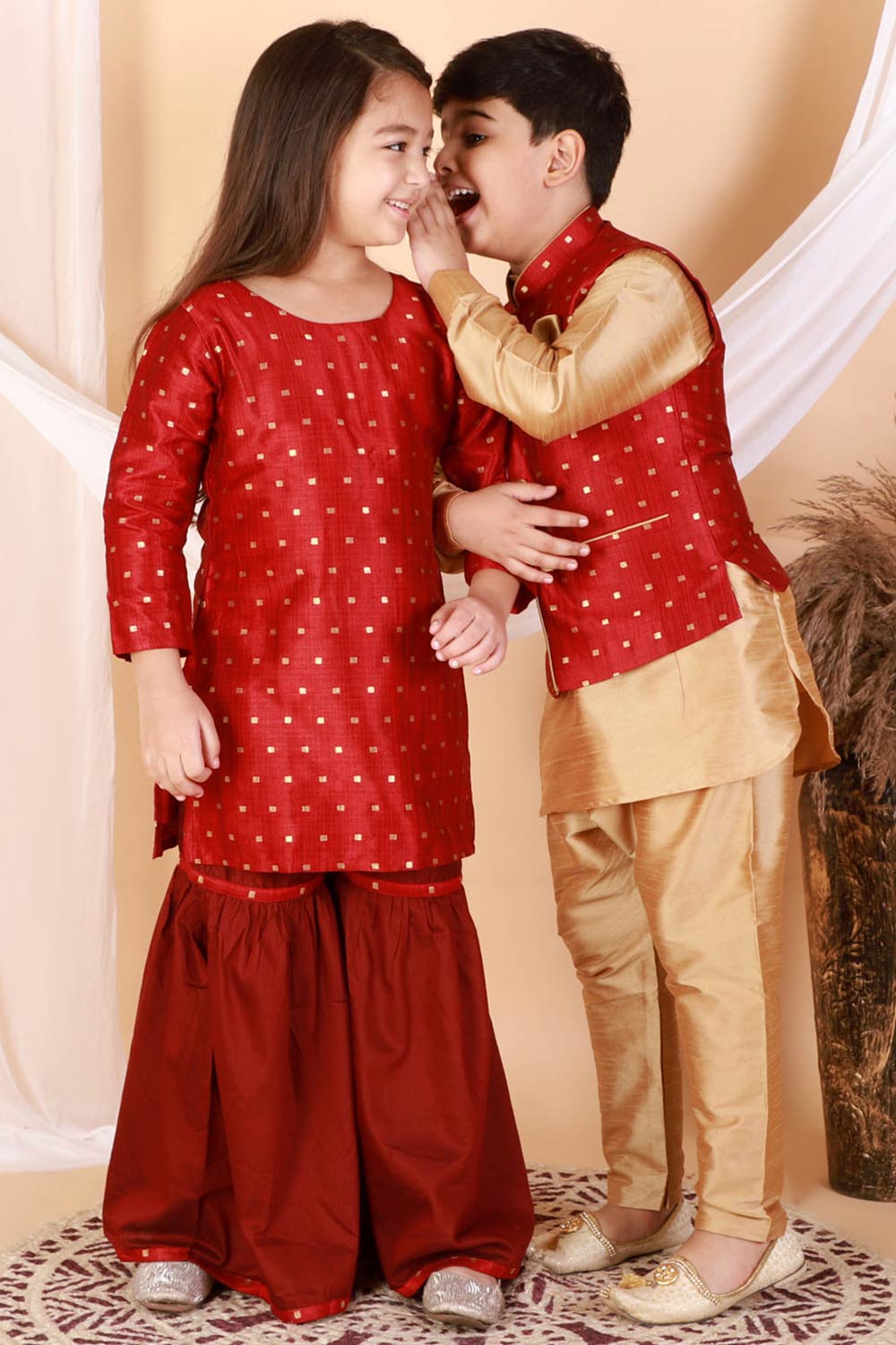 Boys Maroon And Gold Silk Blend Jacket, Kurta And Pajama Set & Girls Jacquard Kurta With Sharara Set