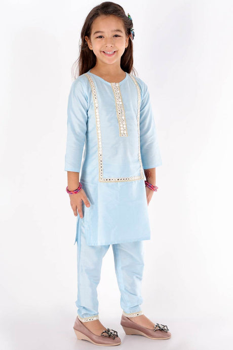 Boys Aqua Kurta And Pajama & Girls Mirror Work Viscose Kurta And Pant Set