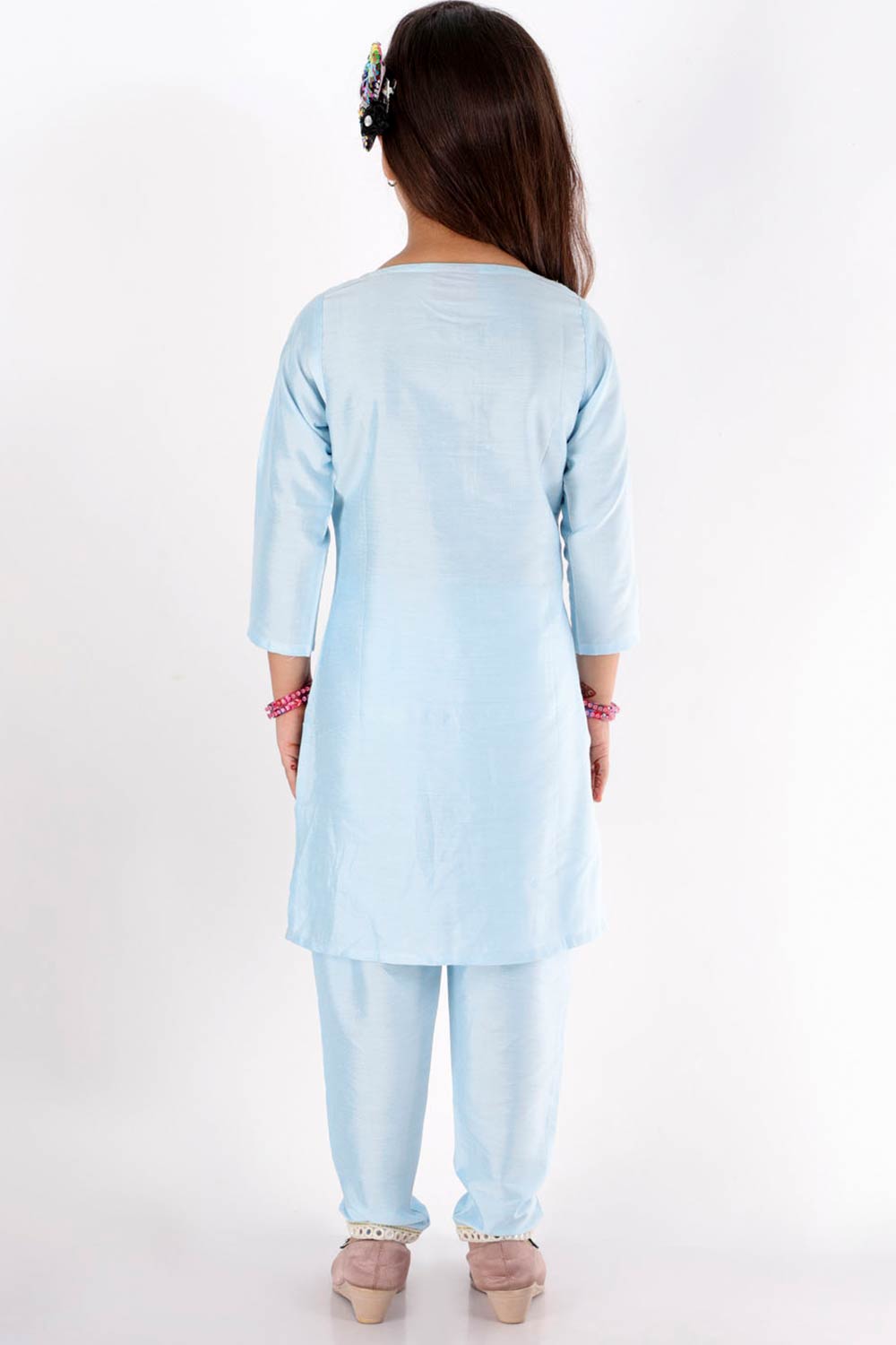 Boys Aqua Kurta And Pajama & Girls Mirror Work Viscose Kurta And Pant Set