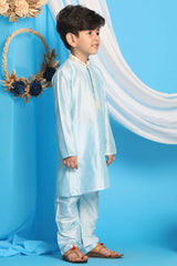 Boys Aqua Kurta And Pajama & Girls Mirror Work Viscose Kurta And Pant Set