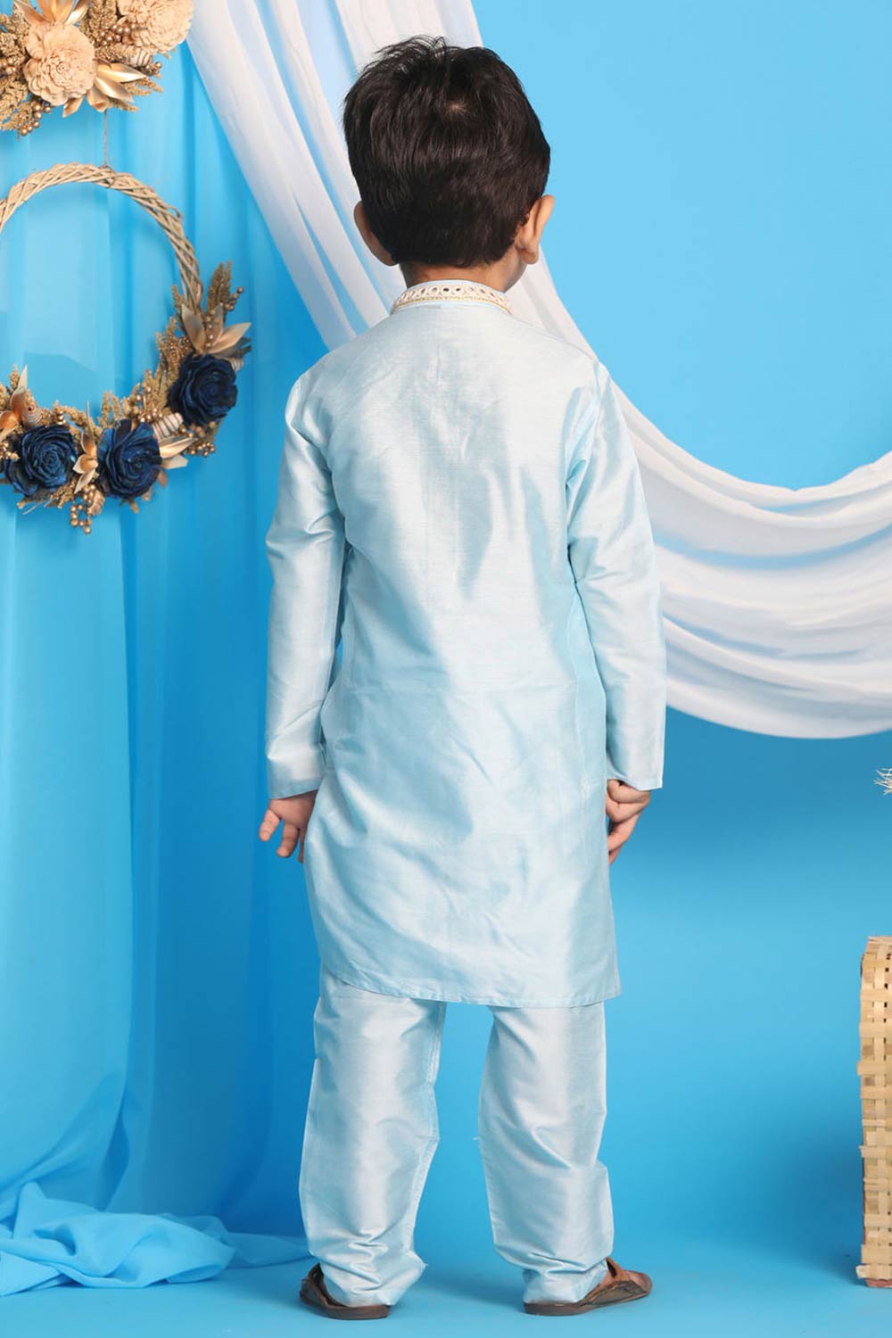 Boys Aqua Kurta And Pajama & Girls Mirror Work Viscose Kurta And Pant Set