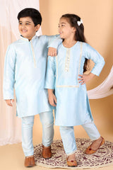 Boys Aqua Kurta And Pajama & Girls Mirror Work Viscose Kurta And Pant Set