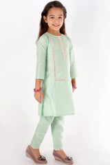 Boys Mint Green Kurta And Pajama & Girls Mirror Work Viscose Kurta And Pant Set