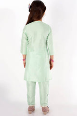 Boys Mint Green Kurta And Pajama & Girls Mirror Work Viscose Kurta And Pant Set