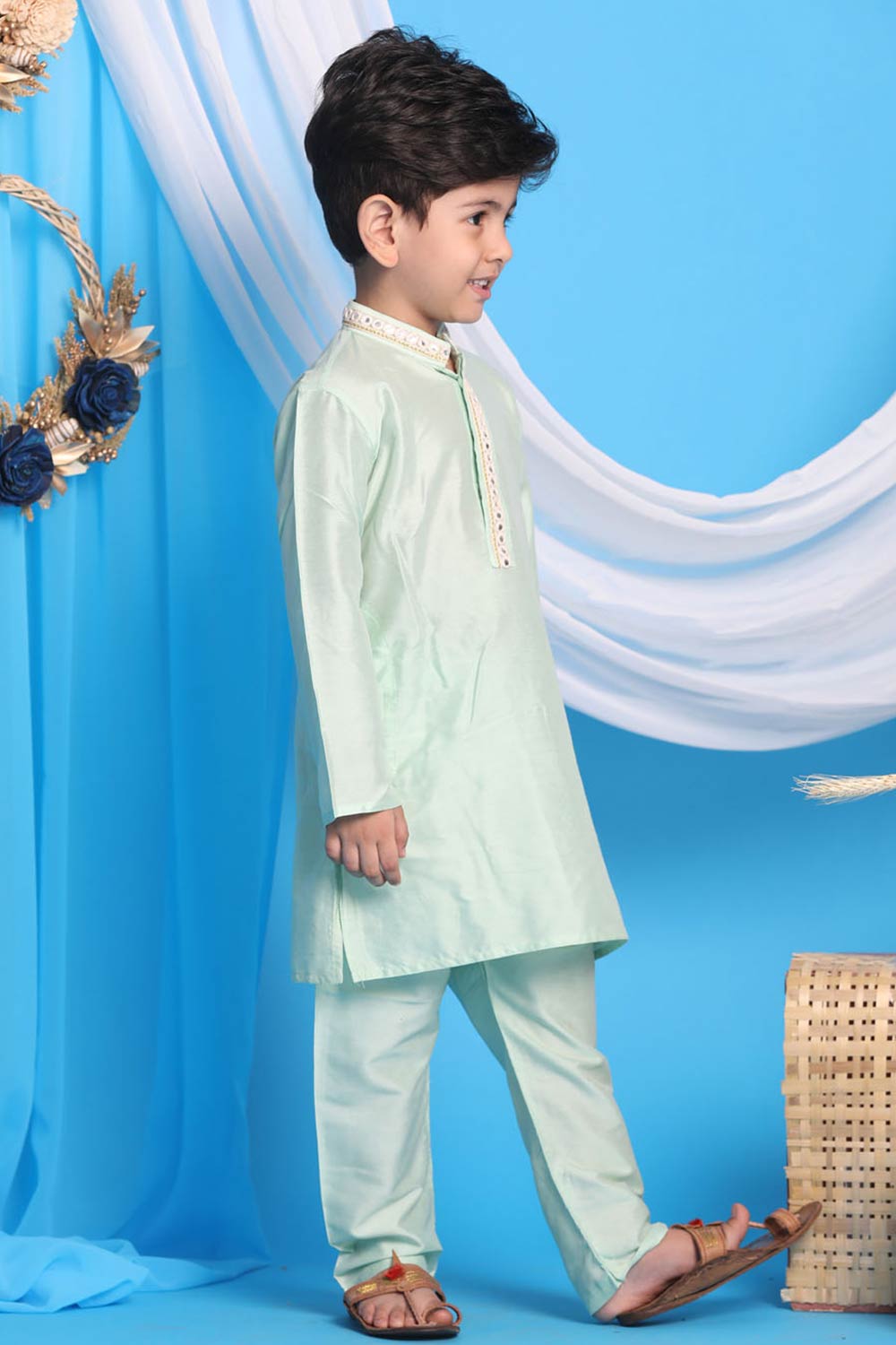 Boys Mint Green Kurta And Pajama & Girls Mirror Work Viscose Kurta And Pant Set