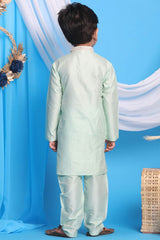 Boys Mint Green Kurta And Pajama & Girls Mirror Work Viscose Kurta And Pant Set