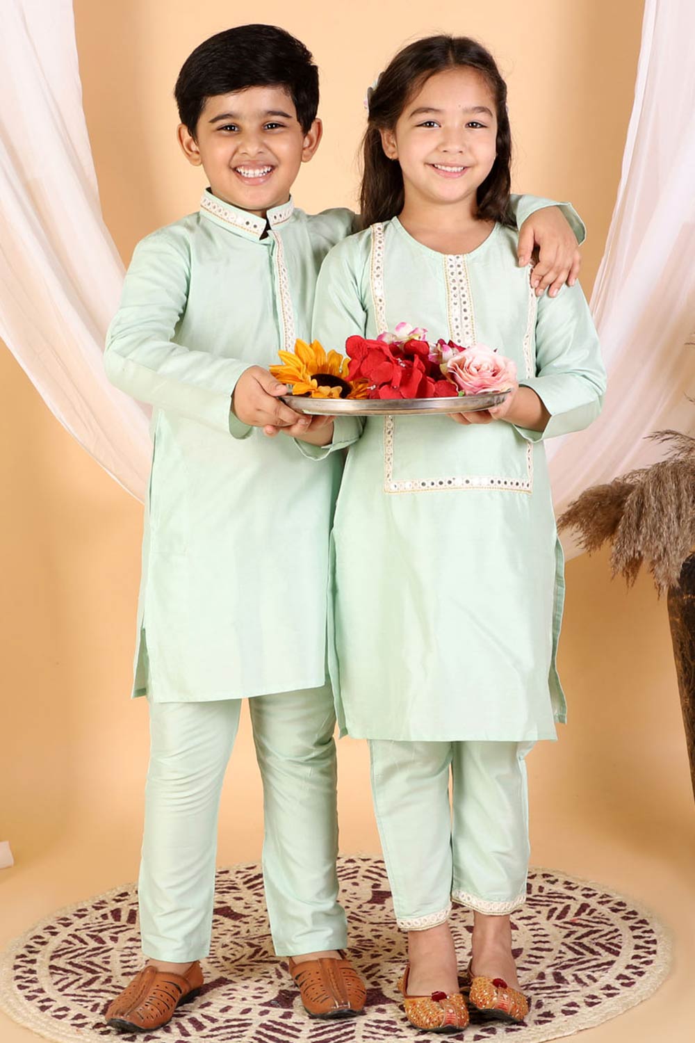 Boys Mint Green Kurta And Pajama & Girls Mirror Work Viscose Kurta And Pant Set