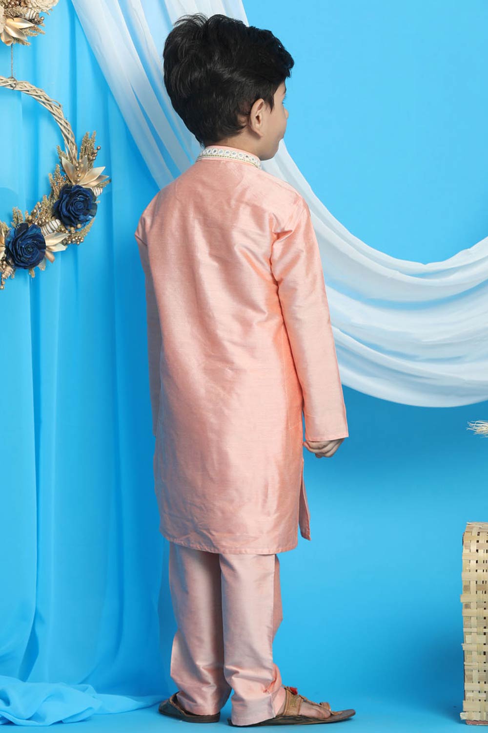 Boys Pink Kurta And Pajama & Girls Mirror Work Viscose Kurta And Pant Set