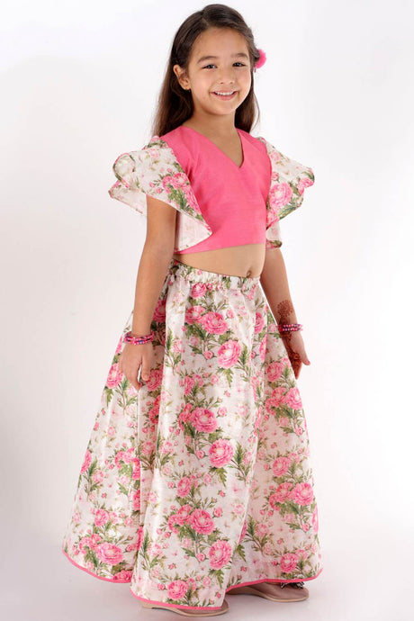 Boys Floral Printed Jacket, Kurta And Pyjama Set & Girls Printed Silk Blend Ruffled Crop Top And Skirt Set
