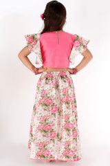 Boys Floral Printed Jacket, Kurta And Pajama Set & Girls Printed Silk Blend Ruffled Crop Top And Skirt Set