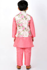 Boys Floral Printed Jacket, Kurta And Pajama Set & Girls Printed Silk Blend Ruffled Crop Top And Skirt Set