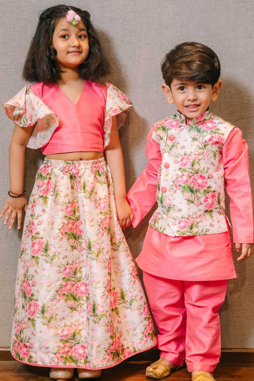 Boys Floral Printed Jacket, Kurta And Pajama Set & Girls Printed Silk Blend Ruffled Crop Top And Skirt Set