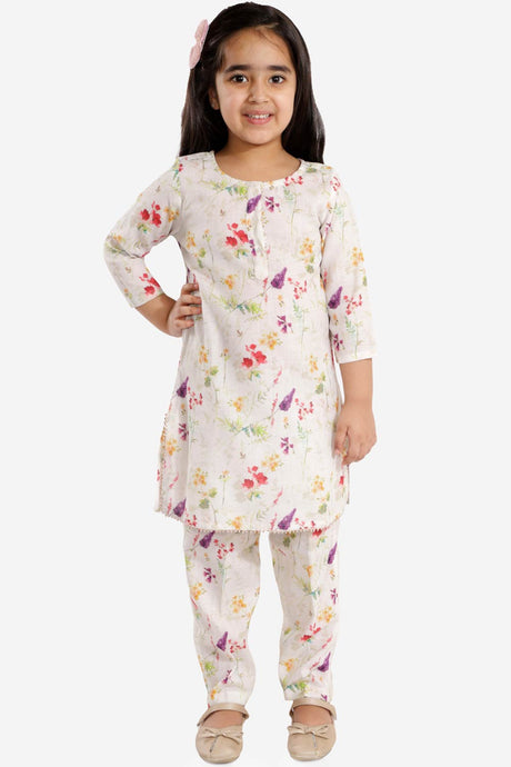Boys Multicolor-Cream Cotton Blend Kurta Pyjama Set & Girls Printed Floral Linen Kurta And Straight Pant Set