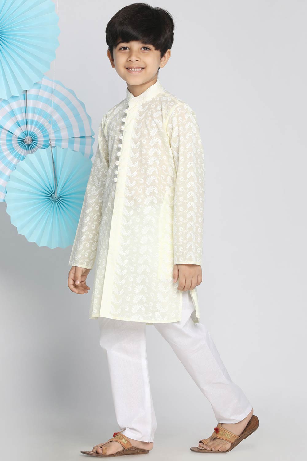 Boys Yellow And White Kurta Pajama Set & Girls Chikankari Cotton Kurta And Leggings Set