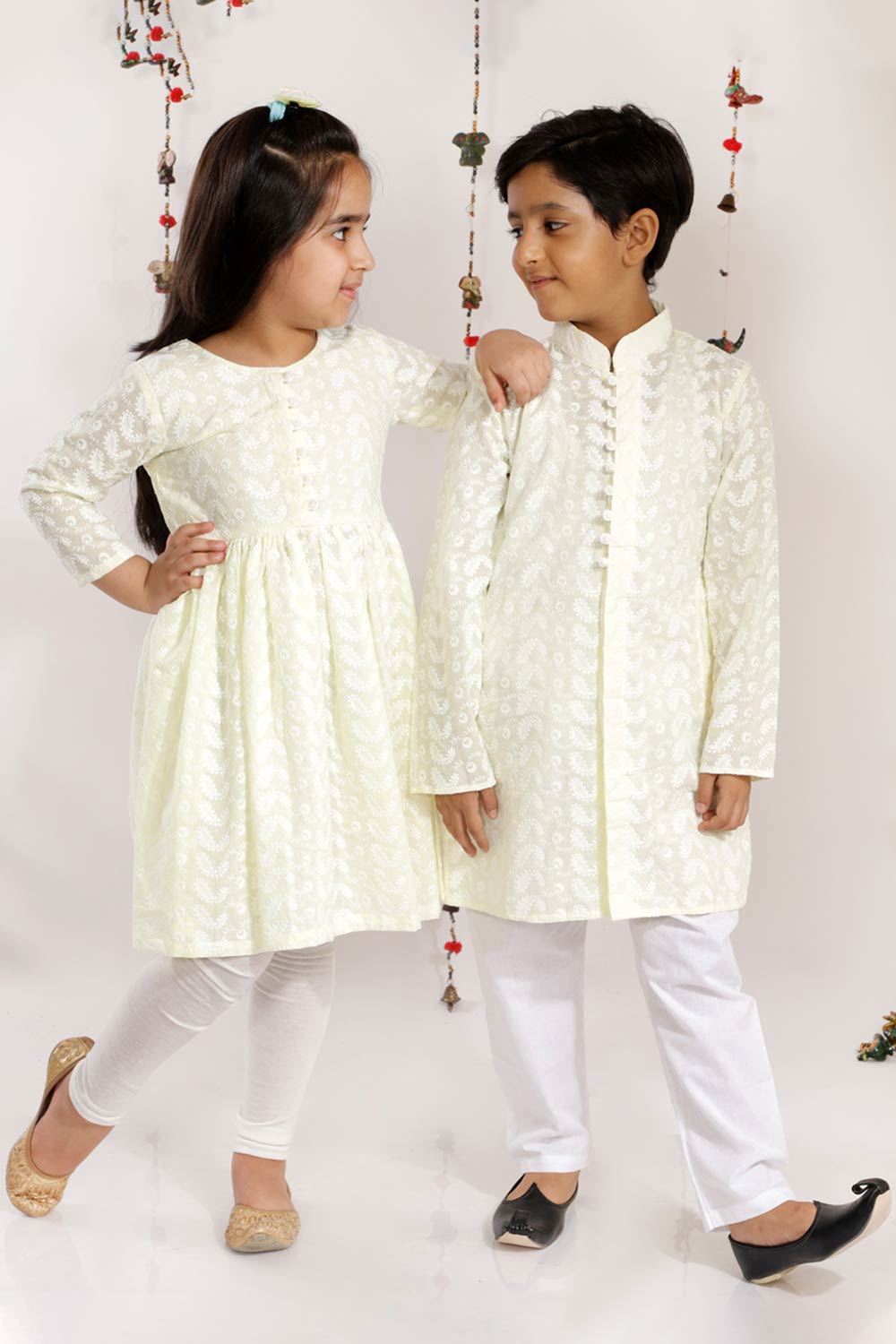 Boys Yellow And White Kurta Pajama Set & Girls Chikankari Cotton Kurta And Leggings Set