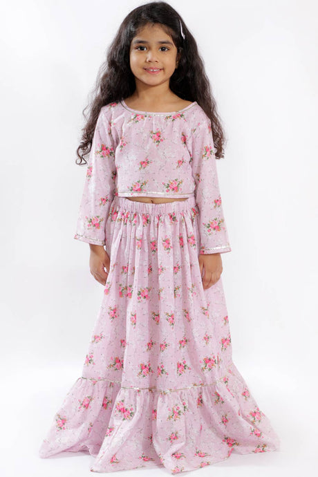 Boys Multicolor-Base-Pink Kurta Pajama Set & Girls Printed Linen Crop Top And Ruffle Skirt Set