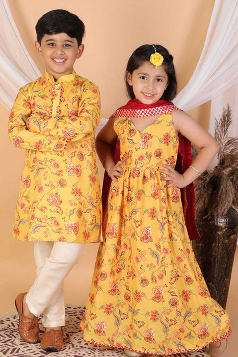 Boys Multicolor-Mustard And Cream Kurta Pyjama Set & Girls Yellow And  Maroon Anarkali And Dupatta Set