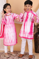 Boys Pink And White Kurta Pajama Set & Girls Pink And White Kurta, Leggings & Dupatta Set