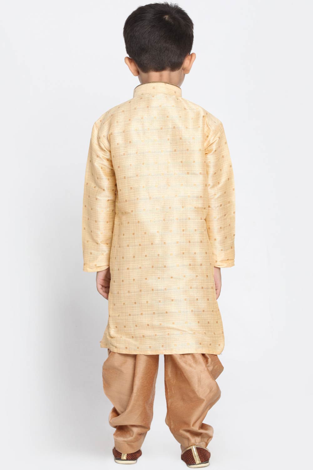 Boys Gold Silk Blend Kurta And Dhoti Set & Girls Jacquard Kurta With Sharara Set