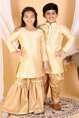 Boys Gold Silk Blend Kurta And Dhoti Set & Girls Jacquard Kurta With Sharara Set