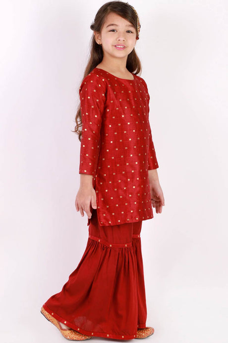 Boys Maroon And Rose Gold Silk Blend Kurta Pajama Set & Girls Jacquard Kurta With Sharara Set