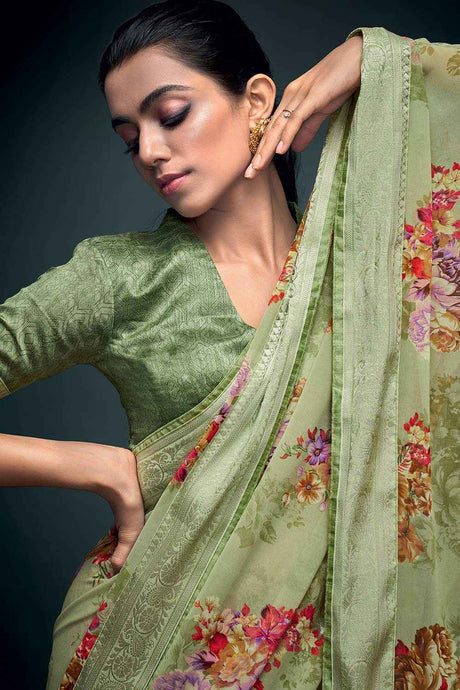 Olive Georgette Floral Print Banarasi Saree