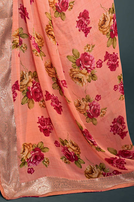 Peach Georgette Floral Print Banarasi Saree