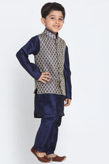 Boy's Cotton Art Silk Kurta Set In Dark Blue