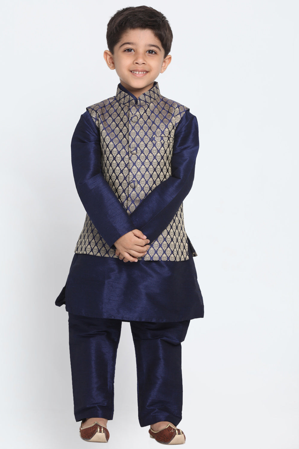 Boy's Cotton Art Silk Kurta Set In Dark Blue