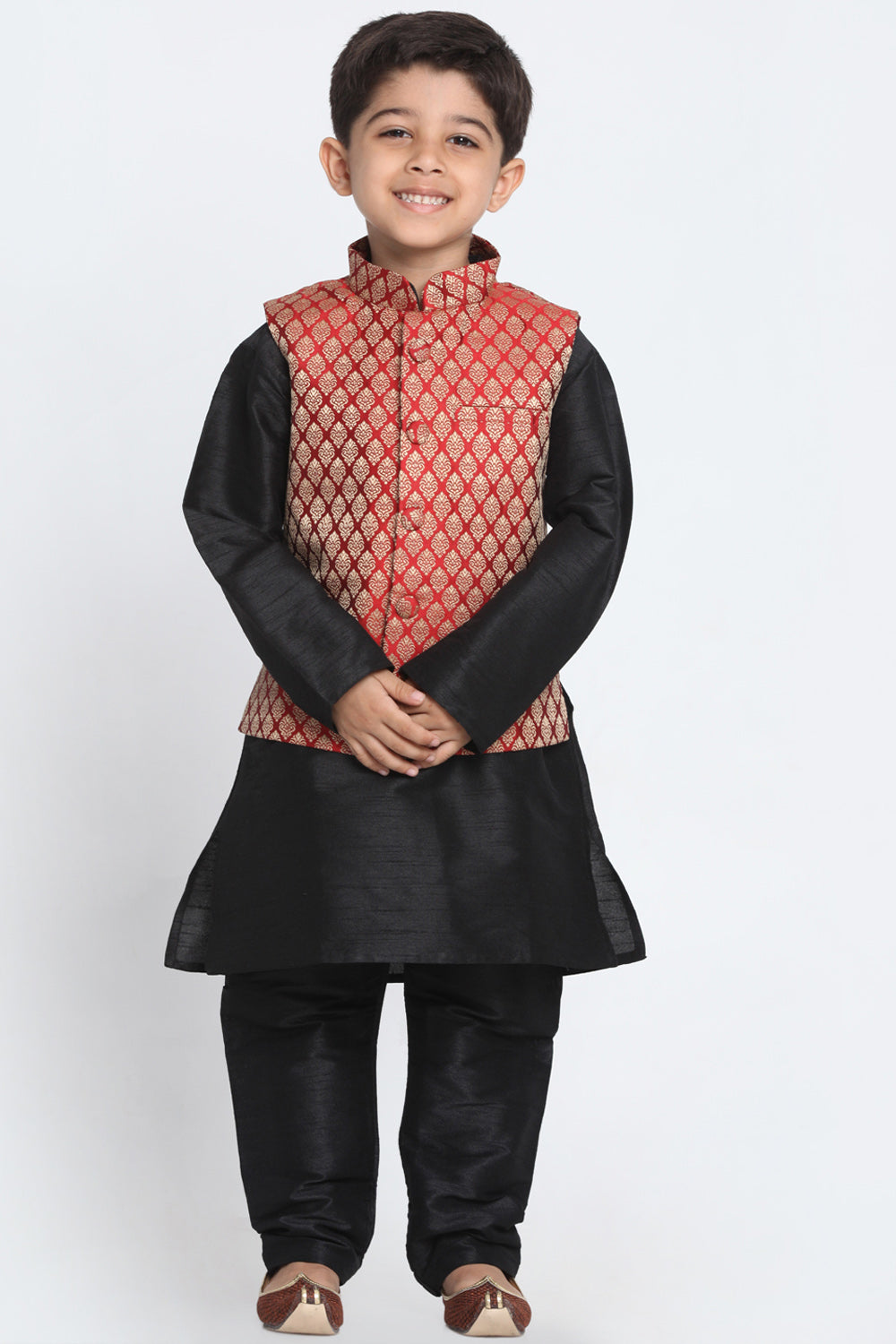 Boy's Cotton Art Silk Kurta Set In Maroon