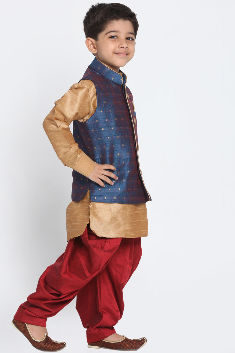 Boy's Cotton Art Silk Kurta Set In Deep Blue