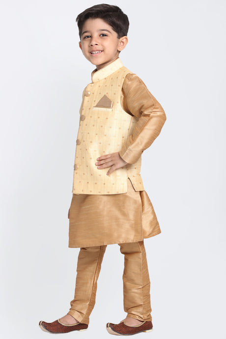 Boy's Cotton Art Silk Kurta Set in Gold