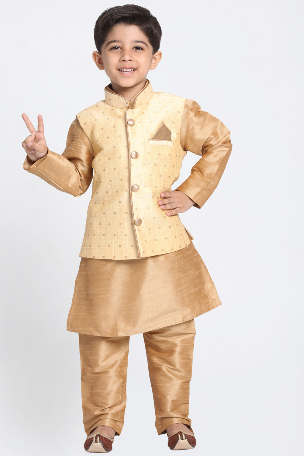 Boy's Cotton Art Silk Kurta Set In Gold