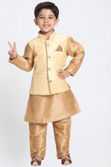 Boy's Cotton Art Silk Kurta Set In Gold