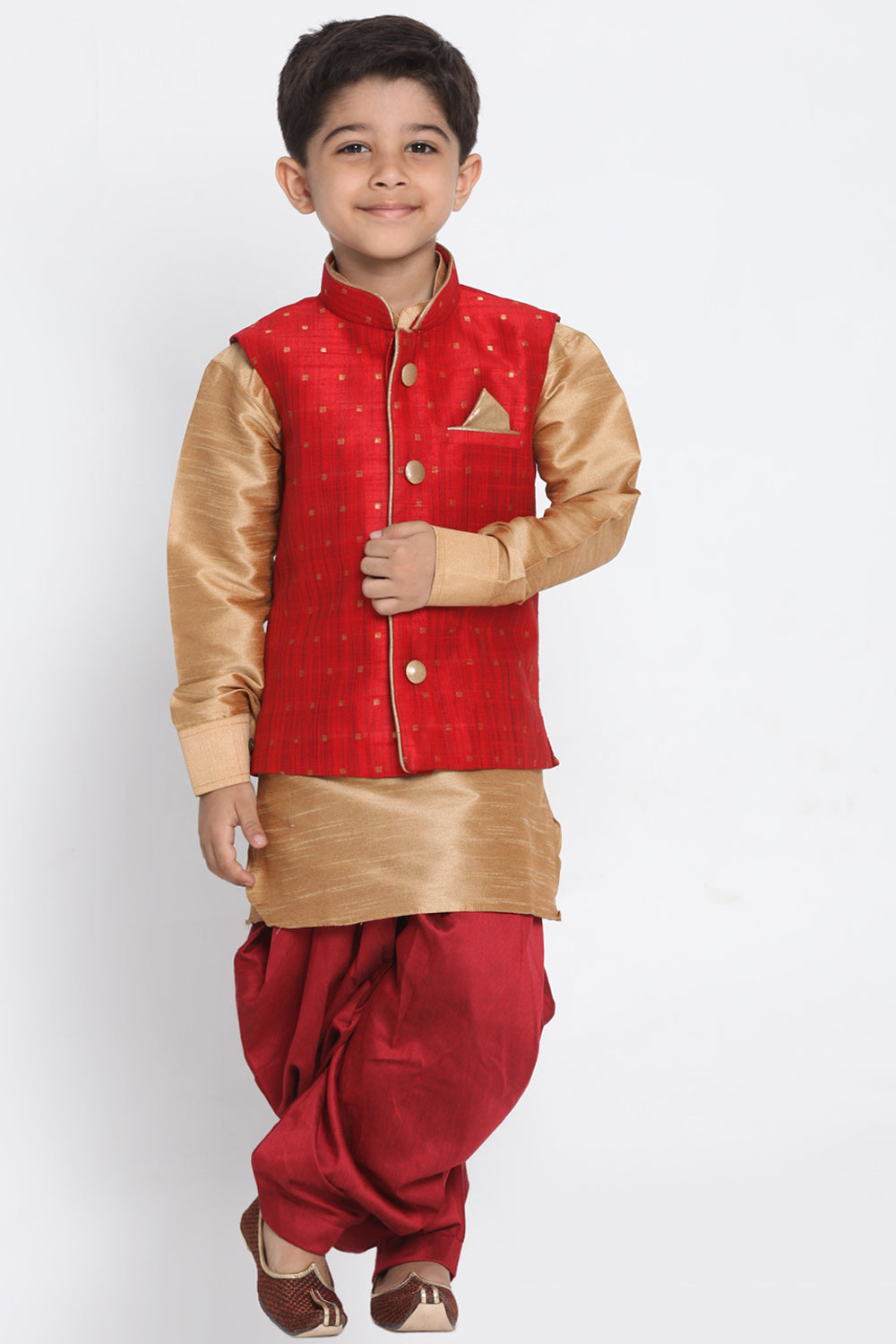 Boy's Cotton Art Silk Kurta Set In Maroon