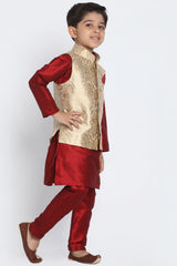 Boy's Cotton Art Silk Kurta Set In Gold