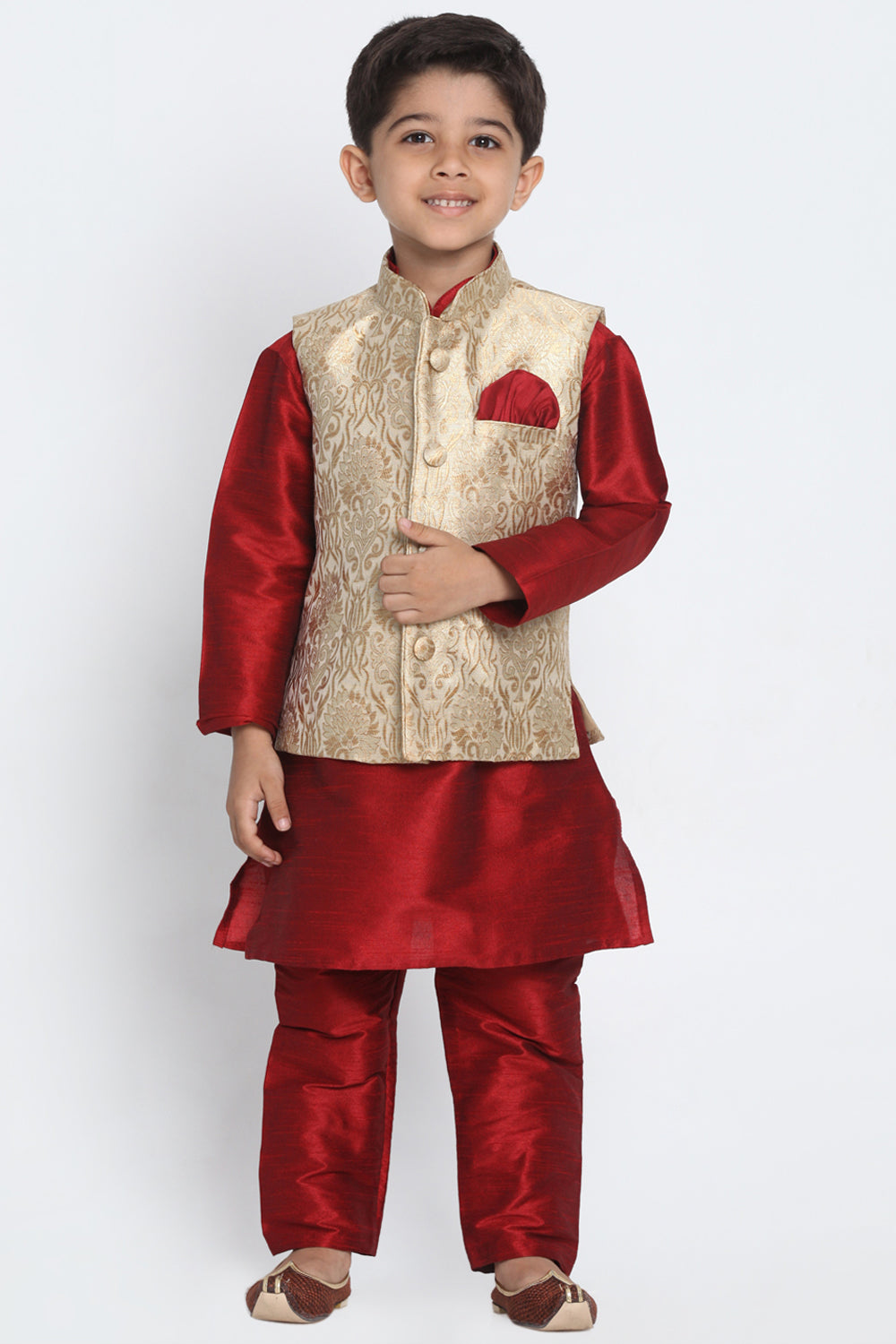 Boy's Cotton Art Silk Kurta Set In Gold